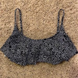 Floral Black and White Print Ruffle Swimsuit Top